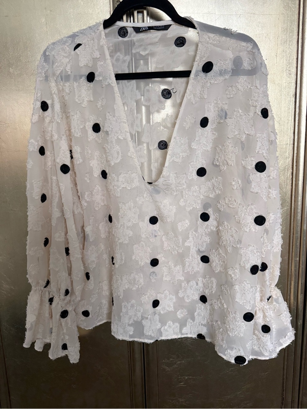 Zara White Sheer Polka Dot Deep V-Neck Blouse